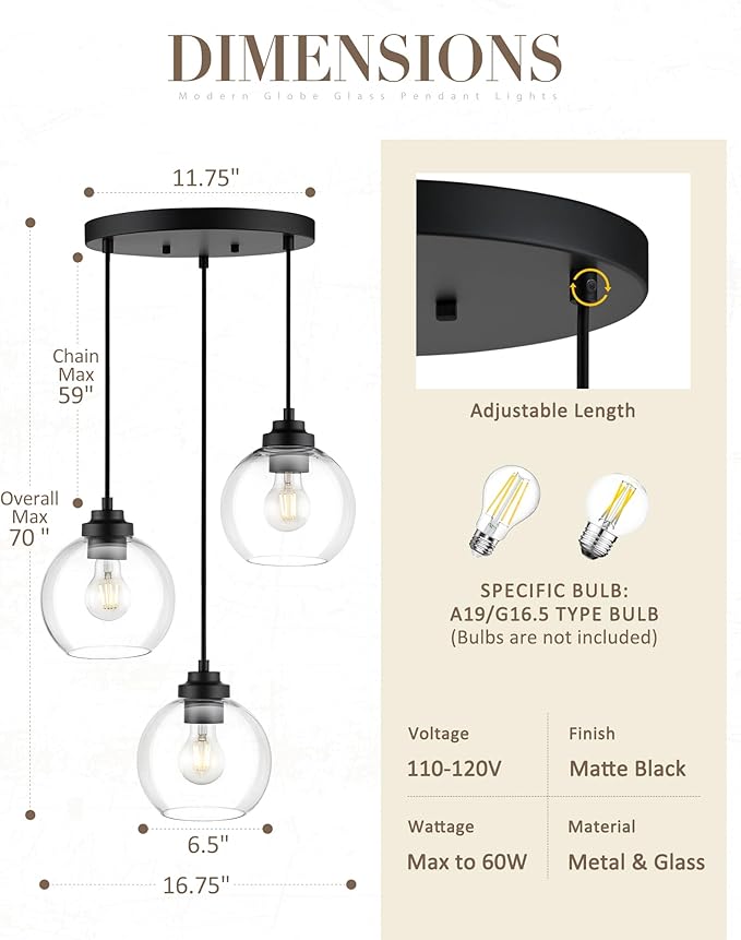 3-Light Black Pendant Light Fixture, Globe Cluster Hanging Light, Kitchen Island Lighting with Clear Glass for Dining Room Living Room Laundry Entrance Foyer, ZCPL101BK-3C