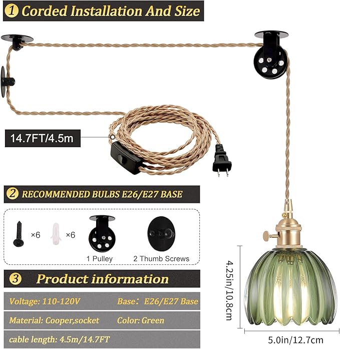 Mini Plug in Pendant Light Hanging Light Fixture Corded On/Off Switch Brass Pendant Light with Green Tulip Glass Lampshade for Bedroom Living Room Kitchen Island