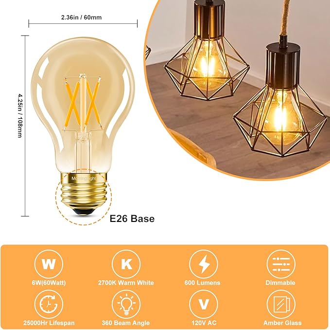 MorningLight 6 Pack Dimmable A19 LED Edison Bulbs 60W Equivalent, 6W 2700K Warm White Vintage LED Light Bulbs, A19 Classic Decorative Amber E26 Light Bulb 60W for Pendant, Sputnik Chandelier, 600LM