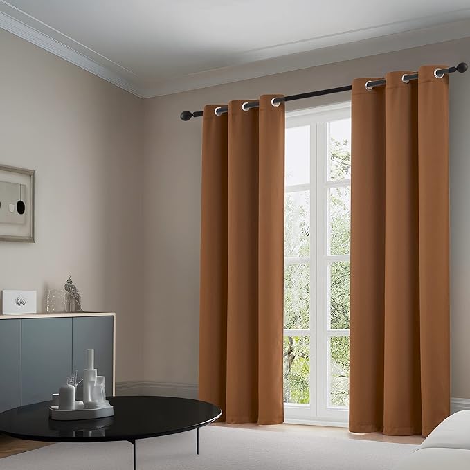 DUALIFE Caramel Brown Blackout Curtains for Bedroom - 96 Inch Long Curtains Floor to Ceiling Thermal Insulated Privacy Assured Drapes 2 Panels Set, Dark Oak Vintage Decor 52 Inch Wide Grommet Top
