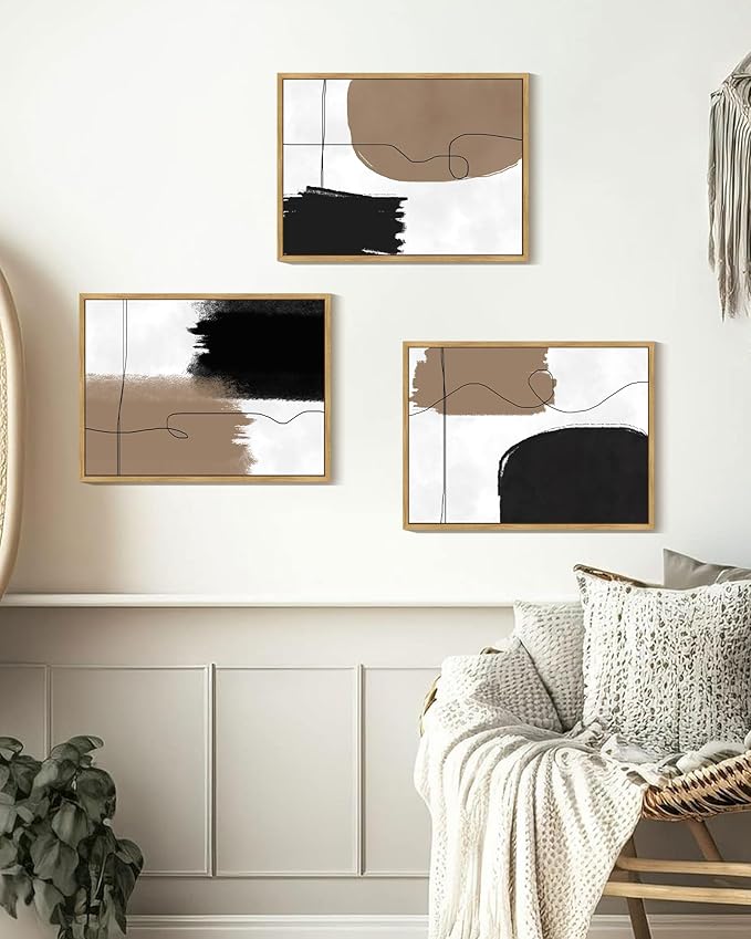 KUVIOKE Neutral Abstract Framed Wall Art Beige Mid Century Textured Wall Decor Minimalist Line Modern Illustrations Art Print Home Decor 12x16in (Natural Framed)