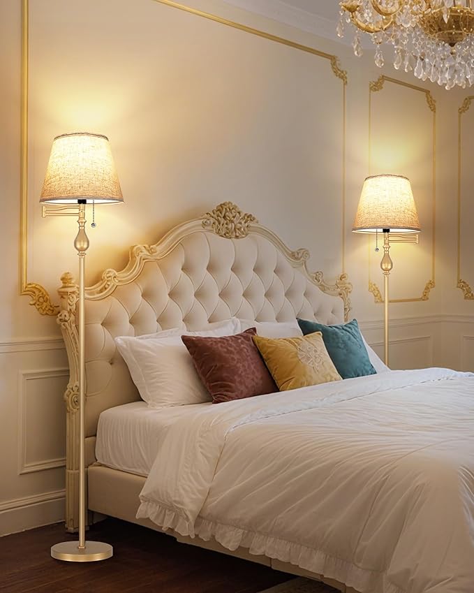 Vintage Floor Lamp with 350°Adjustable Swing Arm, 61” Mid-Century Modern Floor Lamp, Farmhouse Standing Pole Lamp, Antique Reading Lamp for Living Room, Bedroom, Office, Linen Shade, Gold DE13LD05