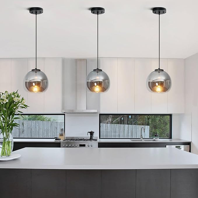 1-Light Mirror Smoke Gray Glass Pendant Lights Kitchen Island Black Hanging Light Fixture 7.87" Glass Globe Pendant Light Modern Pendant Lighting for Kitchen Island Bedroom Dining Room