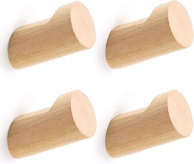 Wood Wall Hooks for Hanging, 4 Pack Hat Hook for Walls, Coat Hook Wall Mount, Backpack Hooks for Walls, Bathroom Towel Hanger (Natural)