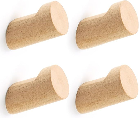Wood Wall Hooks for Hanging, 4 Pack Hat Hook for Walls, Coat Hook Wall Mount, Backpack Hooks for Walls, Bathroom Towel Hanger (Natural)