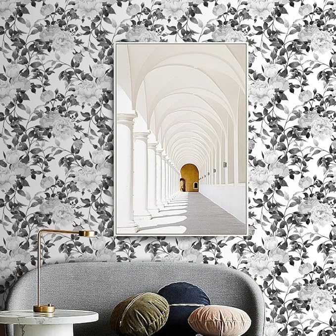 Floral Wallpaper Peel and Stick Black and White Wallpaper Self Adhesive Removable Vinyl Flower Contact Paper for Decorative Bedroom Home Wall (17.7"x118.1")
