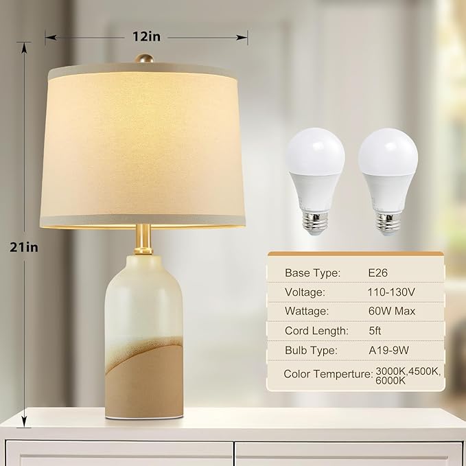 Luvkczc Ceramic Table Lamps Set of 2, 3-Color Temperature Adjustable Bedside Lamps with Line Lampshade, Nightstand Lamps for Bedroom, Living Room, Entryway Home Decor, Modern Table Lamps