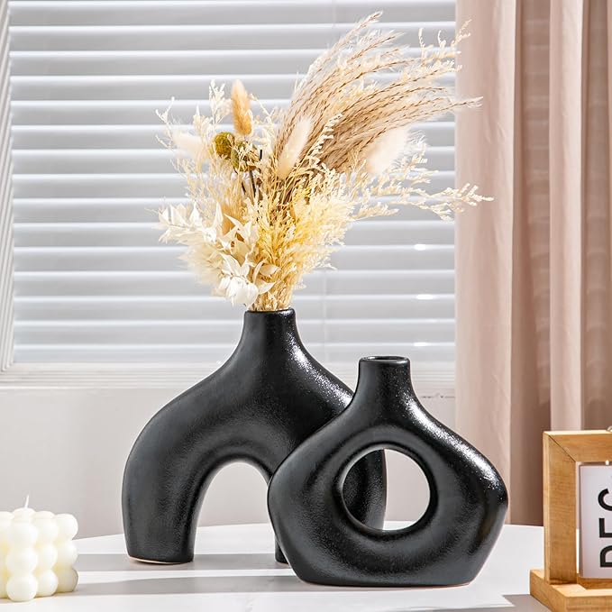 Ceramic Vase Set of 2, Black Pampas Grass Vases for Home Decor, Round Boho Vases for Flowers, Nordic Minimalism Style vase for Table Centerpiece Living Room Bedroom Shelf Decor