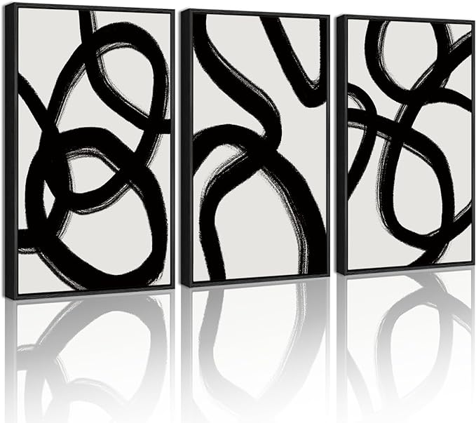 KUVIOKE Black and Wahite Abstract Framed Wall Art Ink Wash Minimalist Lines Painting Artwork for Bedroom Hallway 16x24in (Black Framed)