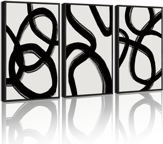 KUVIOKE Black and Wahite Abstract Framed Wall Art Ink Wash Minimalist Lines Painting Artwork for Bedroom Hallway 16x24in (Black Framed)