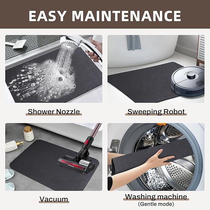 Diatomaceous earth bath mat Bathroom Rugs Sets 3 Piece Super Absorbent Quick Dry Bath Mats, Rubber Non Slip Shower Mat and Toilet Mat U Shape, Shower Rug for in Front of Bathtub Shower, Dark Grey