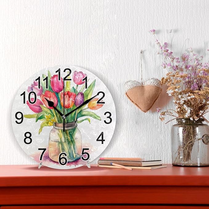 Tulips Bouquet Vase Wall Clock Non Ticking Silent Kitchen Clock Spring Flower Large Battery Operated Clocks 10 inch for Living Room Bedroom Decor
