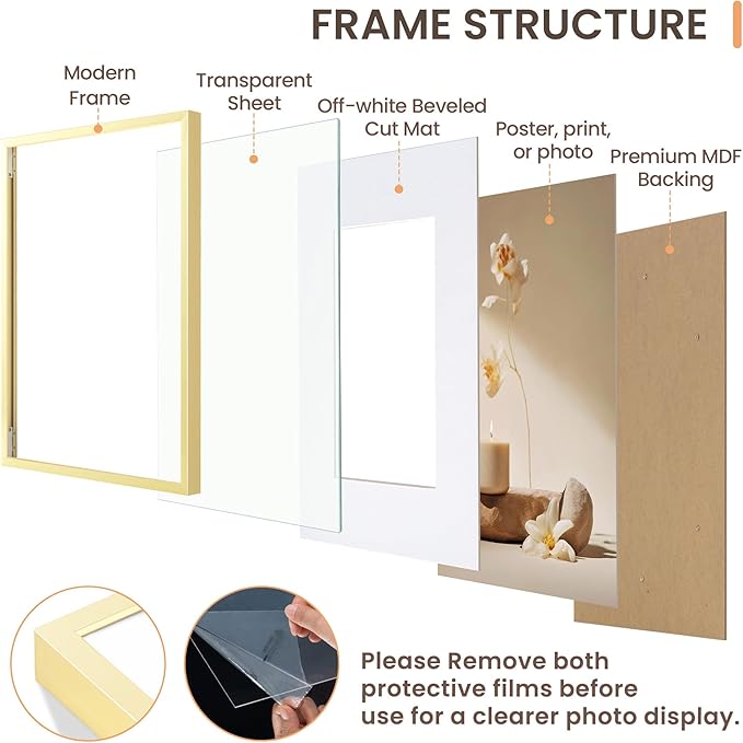 Aluminum 16x16 Picture Frame Golden, Metal Photo Frames with Mat for 12x12 Photo or Without Mat for 16x16 Photo, Metal Poster Frame Sawtooth Hanger for Easy Wall Display, set of 1