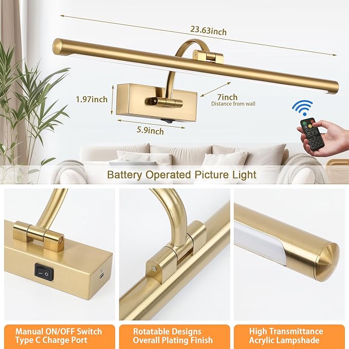Picture Light Battery Operated with Remote, 3CCT Dimmable Picture Light for Paintings, Brass Rechargeable 24 inch Battery Operated Wall Sconce for Art Lighting Gallery Portrait Artwork