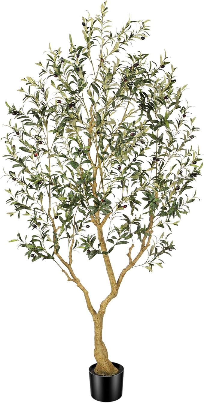 Faux Olive Tree 7FT, Olive Trees Artificial Indoor, Large Fake Tree with Realistic Leaves Branches and Lifelike Fruits for Home Office Living Room Decor