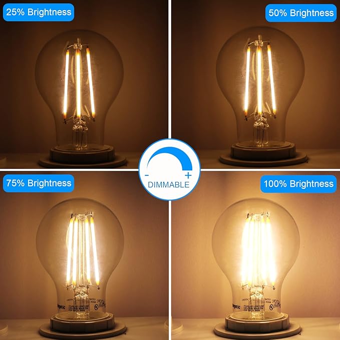 Energetic Dimmable LED Filament Light Bulbs, 8W, 60 Watt Equivalent, Soft White 2700K, Classic Clear Glass, A19 LED Light Bulb, 6 Pack