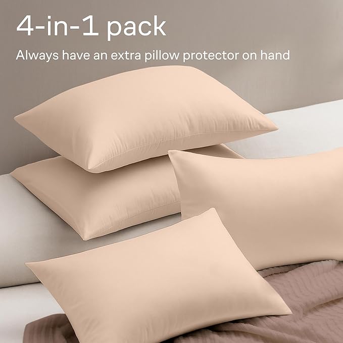 Ultra Soft Pillow Protectors with Zipper King Size - Set of 4 Breathable Pillow Covers - 100% Protection Against Stains, Dust & Dirt - Machine Washable (Beige)