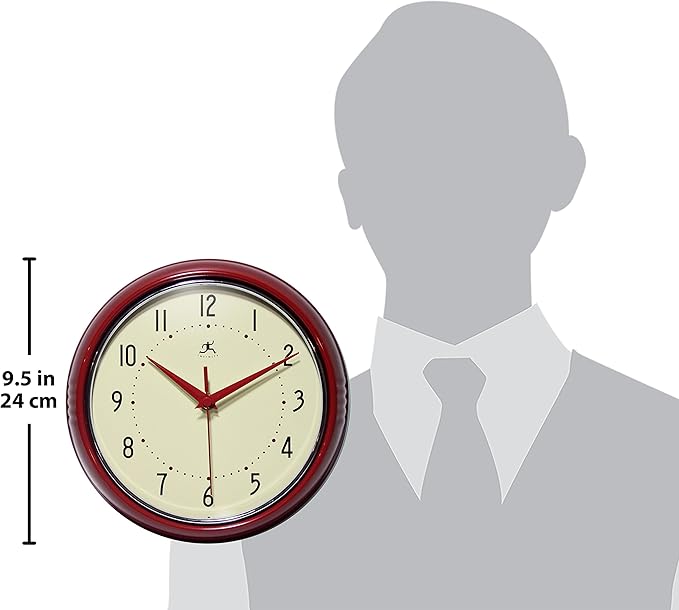 Infinity Instruments LTD. Retro 12 inch Silent Sweep Non-Ticking Mid Century Modern Kitchen Diner Wall Clock Quartz Movement Retro Wall Clock Decorative (Red)