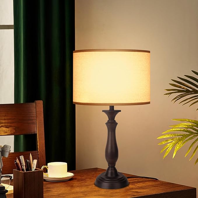 22.2“ Vintage Desk Lamp for Living Room, Mid Century Table Lamp for Bedroom, Bedside Lamps for Night Stands,Reading Lamp for Bedroom Office Room,Beige Lampshade (Dark Brown)