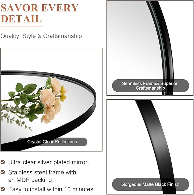 ANDY STAR Black Oval Mirrors for Bathroom, 24x36 Inch Matte Black Stainless Steel Metal Framed Oval Wall Mirror, Modern Vanity Mirror Wall Mount Horizontal or Vertical