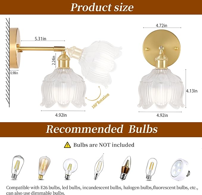 Vintage Battery Operated Wall Sconce with Flower lampshade,Rechargeable Battery Powered Wall Lights,Wall lamp With 15 Colors for Bedroom Living Room Home Decor (Flower White, 2 Light Battery Operated)