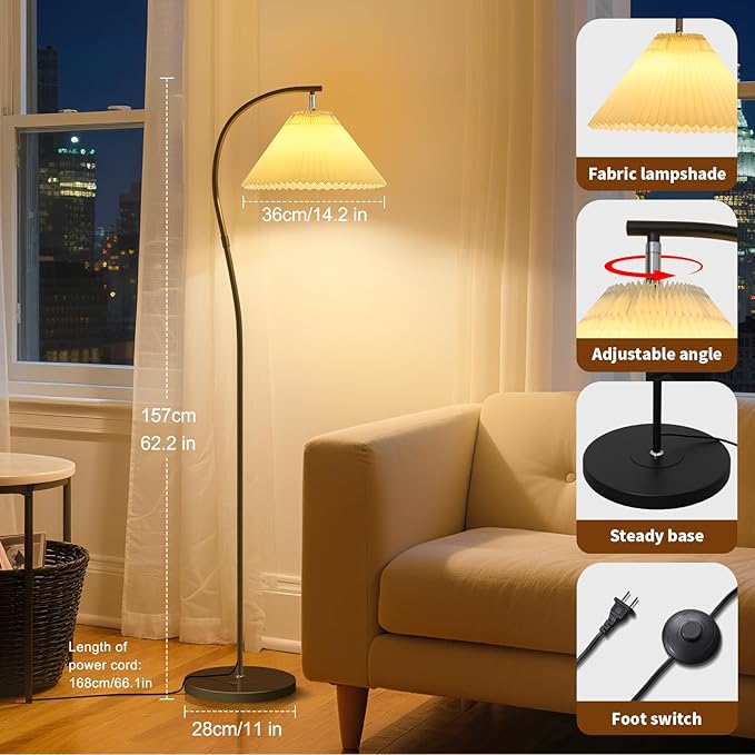 Modern Black Arc LED Floor Lamps, Bright 12W Three-Color Dimming, 14 Inch Pleated Lampshade, Living Room Corner Bedroom Bedside Office Standing Reading Lamp, Farmhouse Decoration, Warm Mood Lighting