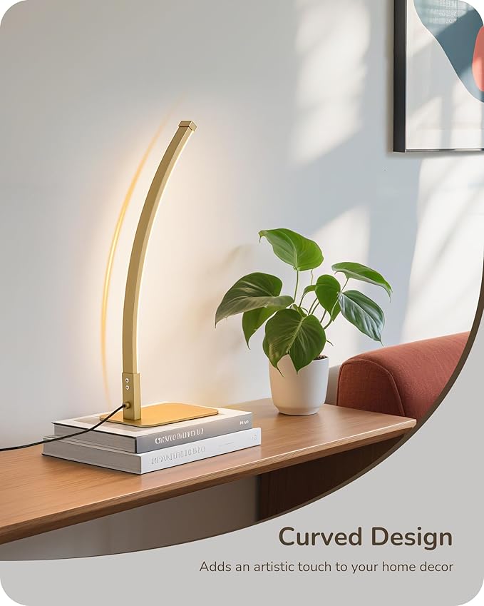 EDISHINE Curved LED Table Lamp, Modern Bedside Lamp with 3 Color Temperature & Stepless Dimming, Aluminum & Iron, Nightstand Lamp for Bedroom, Living Room, Gold
