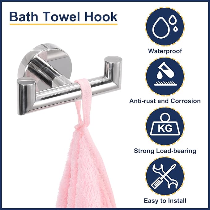 uxcell Double Towel Hook, Stainless Steel Coat Hook, Wall Mount Robe Hooks Hand Towel Hanger for Bathroom Kitchen Living Room, Bright Silver