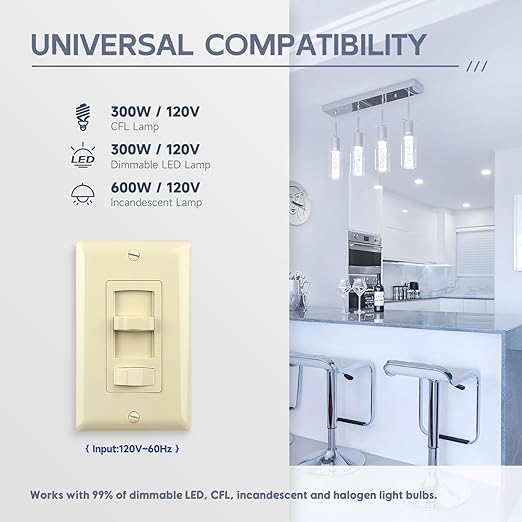 ECOELER Ivory Dimmer Wall Light Switch, Universal Lighting Control for 3-Way/Single Pole, Compatible with 300W Dimmable LED/CFL Lights and 600W Incandescent/Halogen Bulbs, Wallplate Included