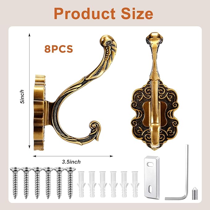 Zonon Vintage Coat Hooks Antique Wall Hooks Towel Hook for Hanging Purse Hat Keys Clothes Curtain Unique Heavy Duty Bathroom Hook for Wall(8 Pcs,Brass)