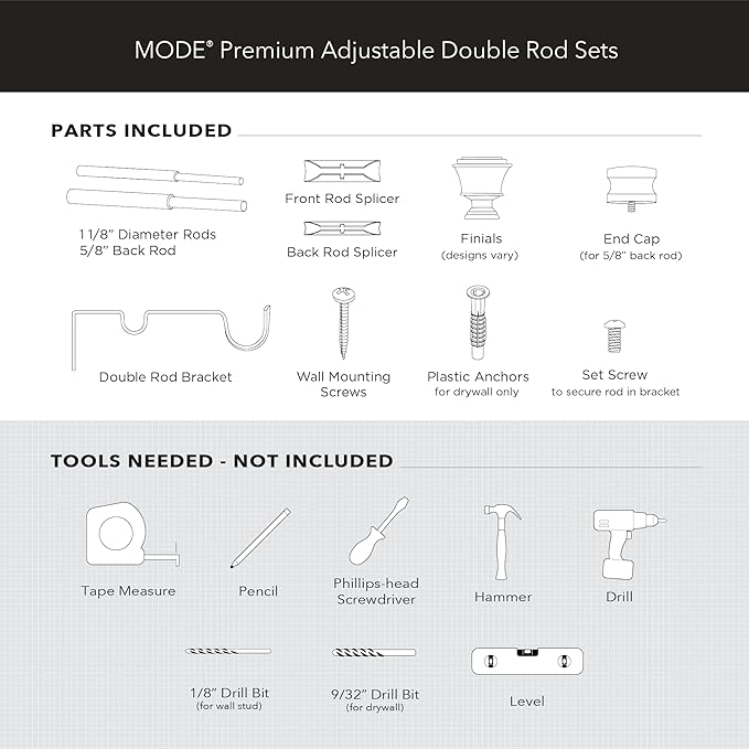 MODE Premium Collection Double Curtain Rod Set (1 1/8" Front Rod and 5/8" Back Rod) with Mod Doorknob Curtain Rod Finials, Wall Mounted Adjustable Curtain Rod, Fits 144” to 240” Windows, Brushed Gold