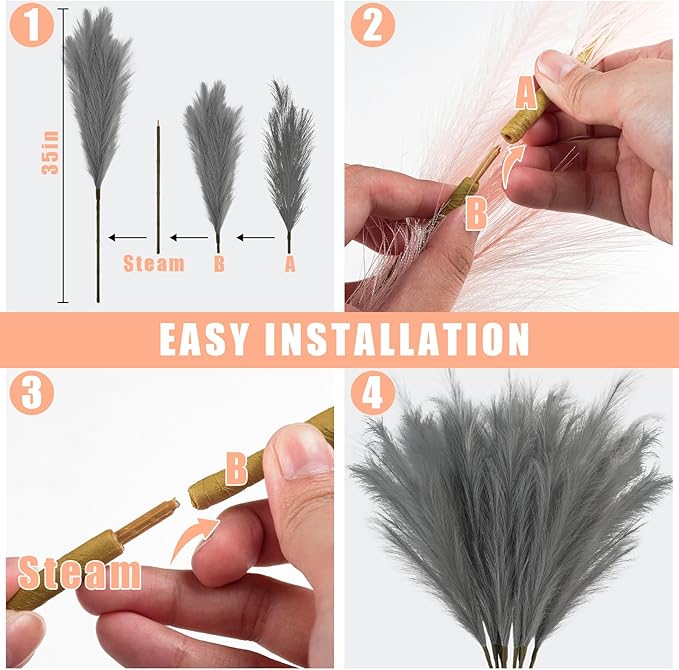 35" Faux Pampas Grass Decor Grey, 8pcs Large Tall Fluffy Artificial Pompous Grass Branches Floral Fake Pompas Grass Bulrush Floor Vase Filler Flower Arrangement for Home Wedding Boho Decor