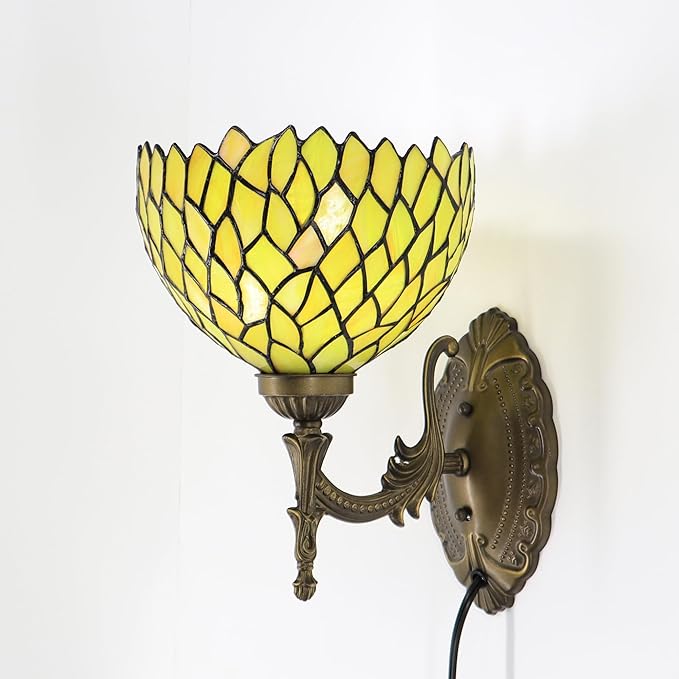 Tiffany Sconce Lamp Stained Glass Wall Lamp,8X10.5X11 Inch Plug in Wall Bedside Light for Hallway Bedroom (Yellow Wisteria)