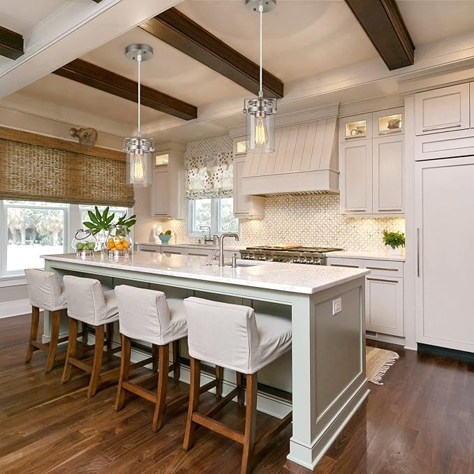 Industrial Pendant Lighting for Kithen Island, Brushed Nickel Pendant Light Fixture with Clear Glass Shade Modern Mini Ceiling Light Fixture Adjustable Kitchen Island Lighting(E26 Base)