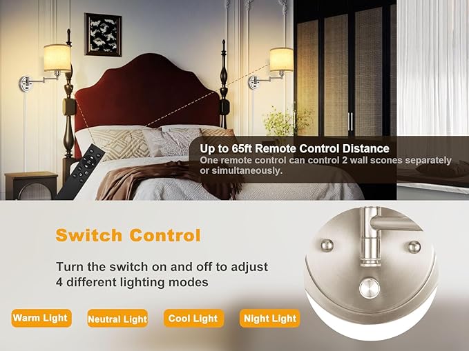 Plug in Wall Sconces with Remote Control, Dimming & Adjustable Colors 2700K-6500K, Hardwire or Plug-in, Swing Arm Wall Lamp with Linen Fabric Shade, Wall Sconces Set of Two, Brushed Nickel Finish