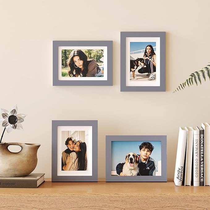 Egofine 5x7 Picture Frames 4 Pack Covered by Plexiglass for Picture 4x6 with Mat or 5x7 whitout Mat Made of Solid Wood for Table Top Display and Wall Mounting Photo Frame, Dark Gray