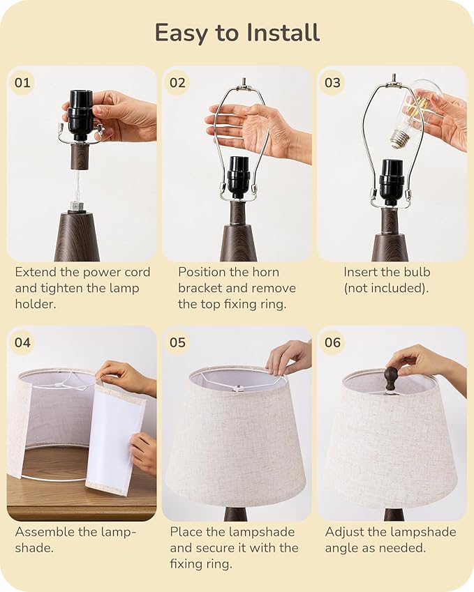 EDISHINE 21.85" Farmhouse Table Lamp, Rustic Bedside Lamp, Water Transfer Walnut Wood Grain Metal Base, Beige Linen Shade, Minimalist Nightstand Light for Living Room, Bedroom, Office, E26 Base