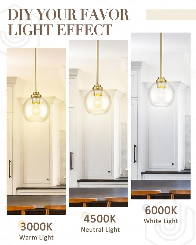 Modern Polished Gold Pendant Light, Mid Century Globe Hanging Light Fixture with Clear Glass for Kitchen Island Dining Room Bedroom Hallway Foyer (2 Pack), PL101BG-2PK