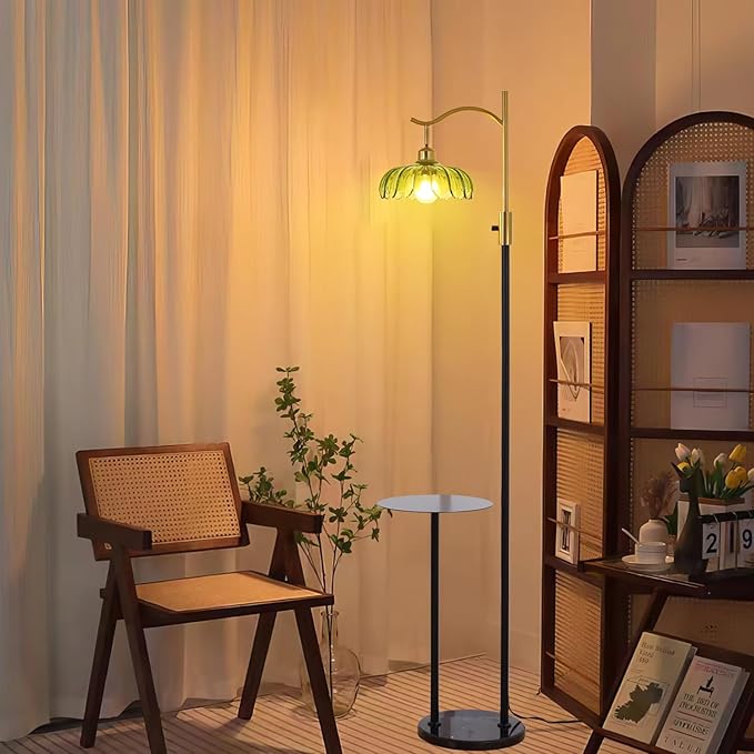 Vintage Dimmable Arc Floor Lamp with Side Table and Marble Base, Farmhouse Standing lamp with Green Glass Lampshades for Living Room Bedroom