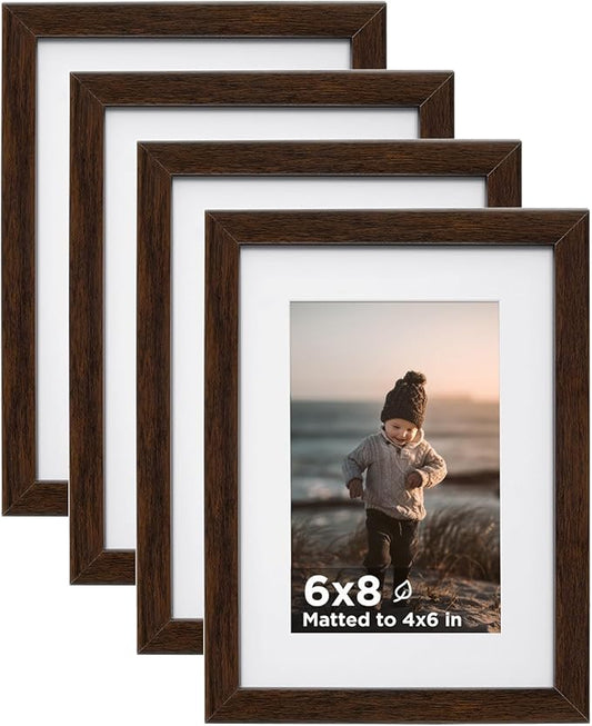 KINLINK 6x8 Picture Frame Black Set of 4, Wooden Photo Frames Matted 4x6 with Plexiglass for 4x6 with Mat or 6x8 without Mat for Table and Wall Display