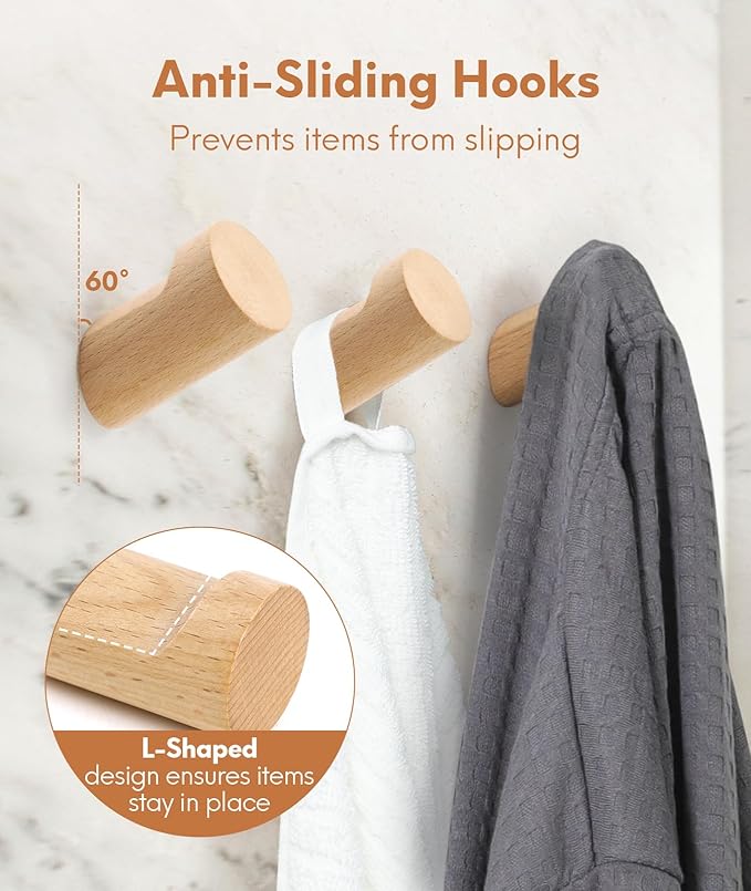 Wood Wall Hooks for Hanging, 6 Pack Hat Hook for Walls, Coat Hook Wall Mount, Backpack Hooks for Walls, Bathroom Towel Hanger (Natural)