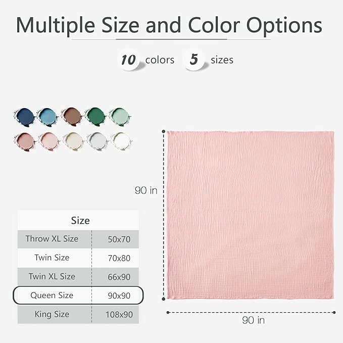 Carriediosa 100% Cotton Muslin Throw Blanket 90" X 90" Queen Size，4-Layers Summer Gauze Throws for Bed Couch，Soft Lightweight Breathable Linen Blankets Bedspread for Adults All Season，Dusty Pink