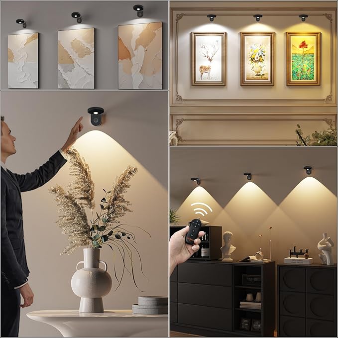 Picture Lights for Wall Wireless with Magnetic,2000mAh Rechargeable Picture Frame lights with Dimmable,Puck Lights with Remote Control,Art Lighting for Paintings,Counter, Shelf,Bookcase(4 Pack,Black)