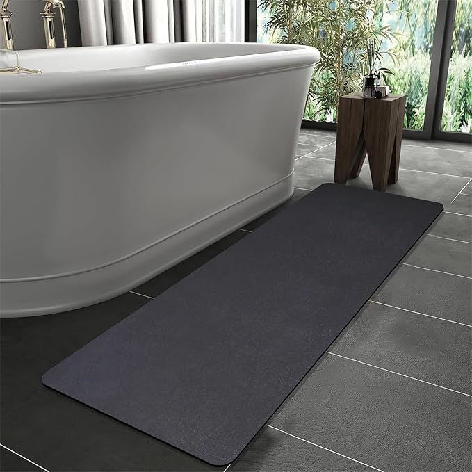 Extra Long Bathroom Rugs Diatomaceous Earth Bath mat Super Absorbent Quick Dry Non Slip Bath Mat Thin Runner Rug Fit Under Door-Shower Rug for in Front of Bathtub Shower, Dark Grey, 23.6"x66.9"