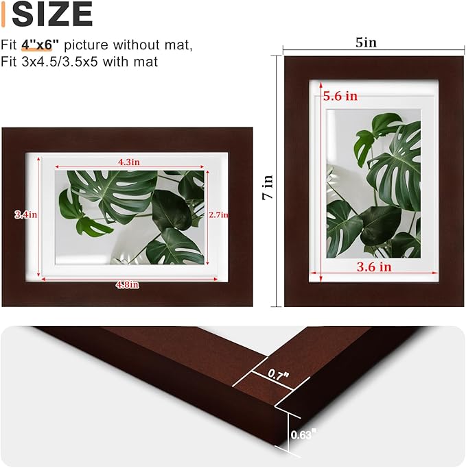 Egofine 4x6 Picture Frames with Plexiglass, Display Pictures 3.5x5 with Mat or 4x6 Without Mat Set of 4 for Tabletop and Wall Mounting, Walnut Color