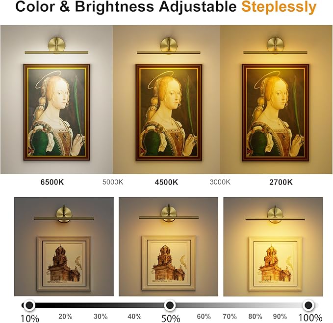 Hardwired Picture Lights for Wall - 16.5" Lights for Pictures on Wall - Dimmable 3CCT Picture Frame Light - 15W Brass Poster Light for Gallery Art Display - 2700K-6500K Warm White