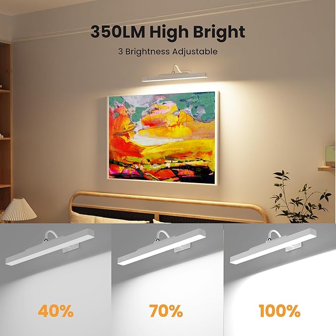 Cordless White Picture Lights for Wall Artworks - Wireless Remote, 3 Modes Dimmable 350LM Above Frame Lighting, 5000mAh Rechargeable Battery Wall Mount for Photo, Gallery,Paintings,Dartboard(2-Pack)