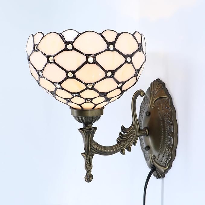 Tiffany Sconce Lamp Stained Glass Wall Lamp,8X10.5X11 Inch Plug in Wall Bedside Light for Hallway Bedroom (Cream Bead)
