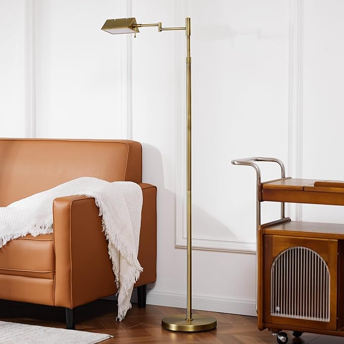 VONLUCE Dimmable LED Floor Lamp, 56" Floor Lamp for Living Room with Adjustable Height Swing Arms 3 Color Temperatures, Industrial Standing Pole Lamp for Bedroom Reading, Antique Brass