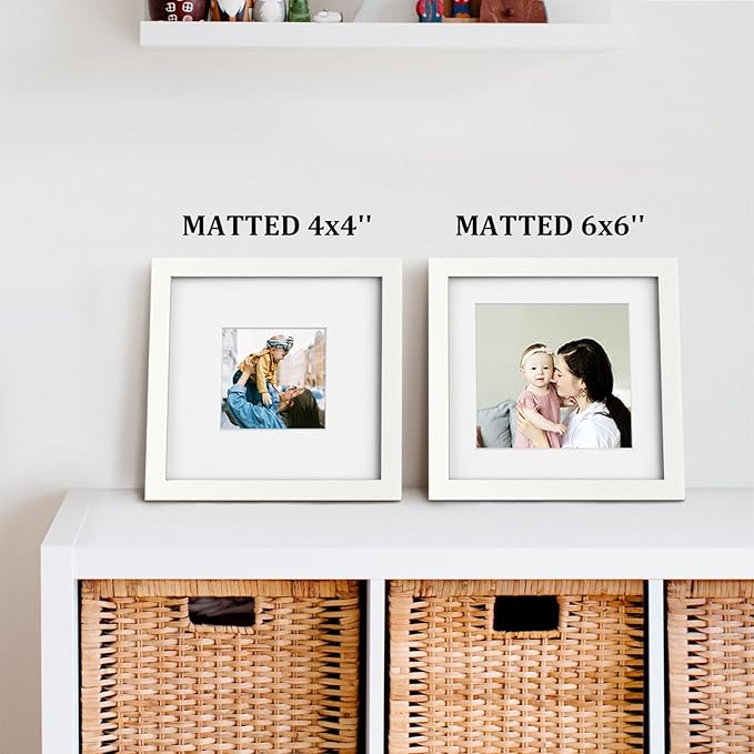 Egofine 8x8 Picture Frame 4PCS, Made of Solid Wood Covered by Plexiglass Display 4x4/6x6 with Mat or 8x8 without Mat, for Table Top Display and Wall Mounting Photo Frame, White with Texture